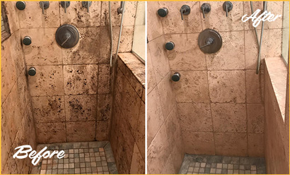 Moldy Stone Shower Grout Before and After Grout Cleaning