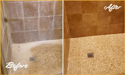 Before and After Picture of a Stone Cleaning and Sealing on a Tile Shower