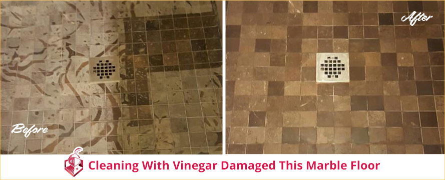 Prior to Sir Grout's Service, Vinegar Damaged This Marble Floor and Now It's Restored Looking New