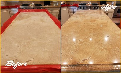 Dull Travertine Countertop Before and After Restoration