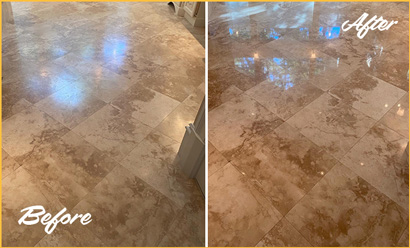 Dull Travertine Floor Before and After Restoration