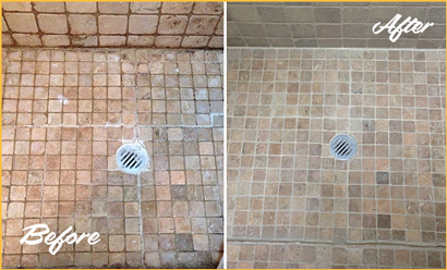 Moldy Shower with Cracked Grout and Caulking Before and After Grout Sealing