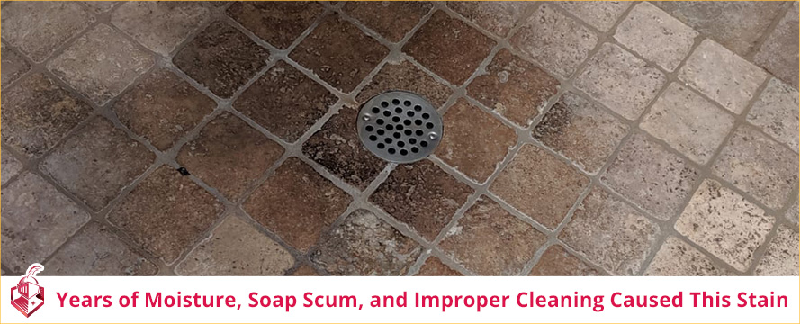 Years of moisture, soap scum, and improper cleaning caused this unsightly staining A Cleaning and Sealing Can Recover Stained Marble Surfaces