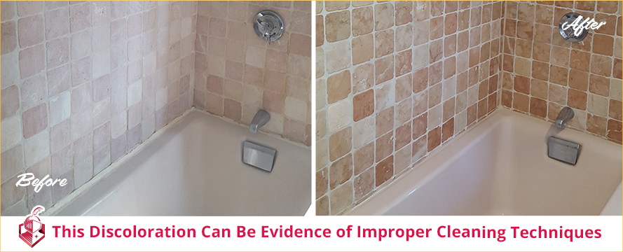 Before and After Picture of a Travertine Shower Restored with a Cleaning and Sealing Service