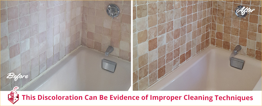 How to Prolong the life of your Stone Shower with a Cleaning and Sealing Service Before and After Picture of a Travertine Shower Restored with a Cleaning and Sealing Service