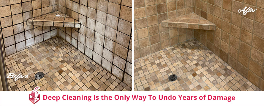 Deep Cleaning Is the Only Way To Undo Years of Damage Before and After Picture of a Shower Restored with a Cleaning and Sealing Service