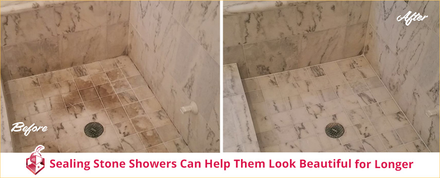 Before and After Picture of a Stained Marble Shower