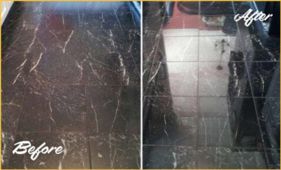 Before and After Black Marble Floor Honing and Polishing