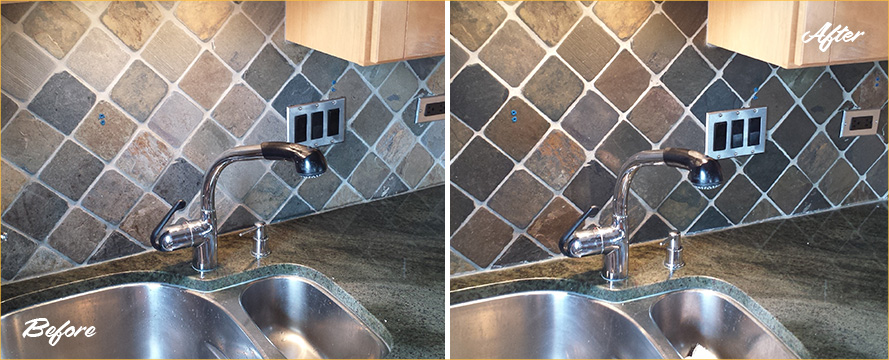Before and after picture of a slate surface cleaning and enhancement service
