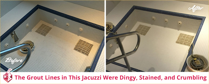 This worn down Jacuzzi was rescued thanks to a Grout Sealing Service Before and After Picture of a Jacuzzi Grout Sealing Service