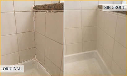 Before and After Picture of a Shower with Damaged Caulking Repaired with our Tile and Grout Services