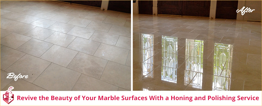 Picture of a Marble Surface Before and After a Honing and Polishing Service