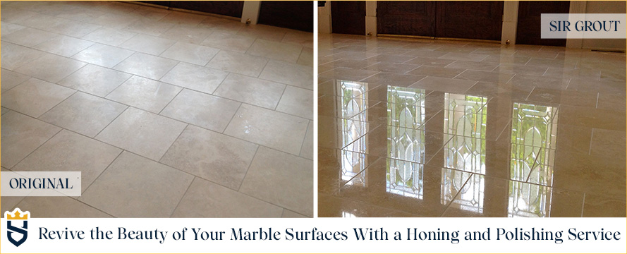 Picture of a Marble Surface Before and After a Honing and Polishing Service