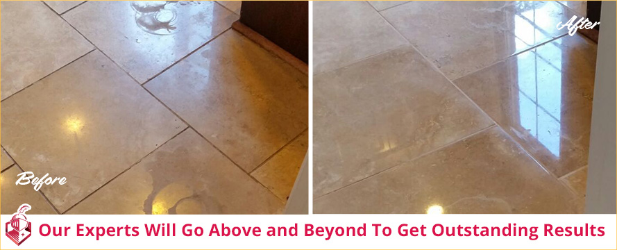 Picture of a Stained Marble Floor Before and After a Honing and Polishing Service