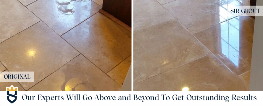 Picture of a Stained Marble Floor Before and After a Honing and Polishing Service