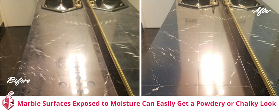 Picture of a Black Marble Vanity Top Before and After a Honing and Polishing Job