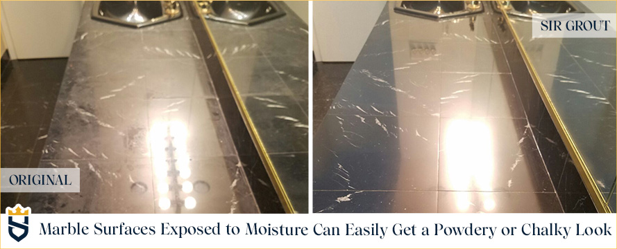 Picture of a Black Marble Vanity Top Before and After a Honing and Polishing Job