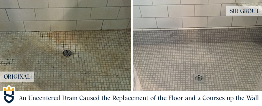 Before and After Picture of Water Damage Repair on a Tile Floor