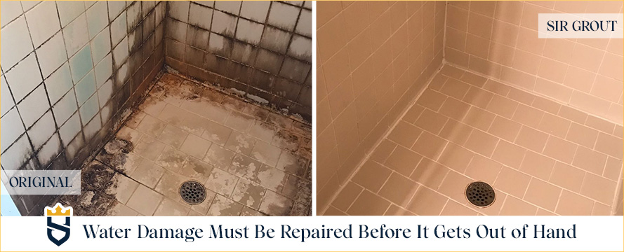 Before and After Picture of Severe Water Damage Repair on a Tile Shower