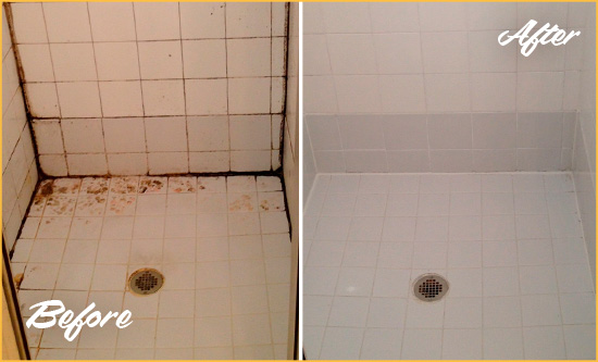 Picture of a Tile Shower Plaged with Mold and Mildew Before and After a Bathroom Recaulking Job