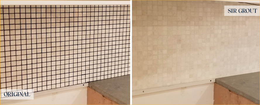 Picture of Beige Tile Backsplash Before and After Changing Grout Color