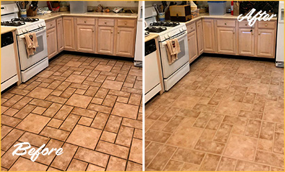 Picture of a Kitchen Floor Before and After Grout Recoloring