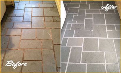 Slate Tiles Floor Before and After Cracked Grout Repair