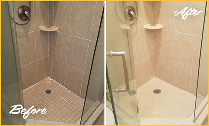 Beige Tile Shower Before and After Damaged Grout Restoration