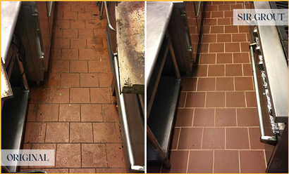 Picture of Restaurant Kitchen Quarry Tile with Embedded Grease Before and After Grout Cleaning