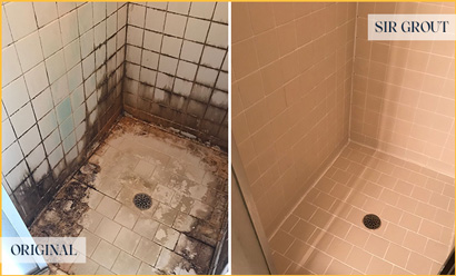 Picture of Tile Shower Plagued with Mold and Mildew Before and After Cleaning Grout and Tile