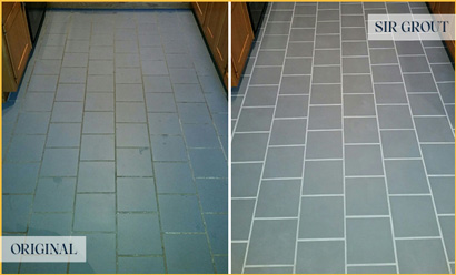 Picture of Dirty Slate Floor Before and After Grout Cleaning