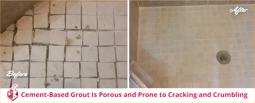 Before and After Showing Cracked/Loose Shower Floor and Then Straighten and Fixed With Grout and Tile