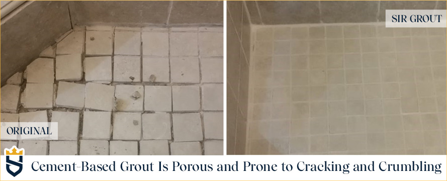 Before and After Showing Cracked/Loose Shower Floor and Then Straighten and Fixed With Grout and Tile