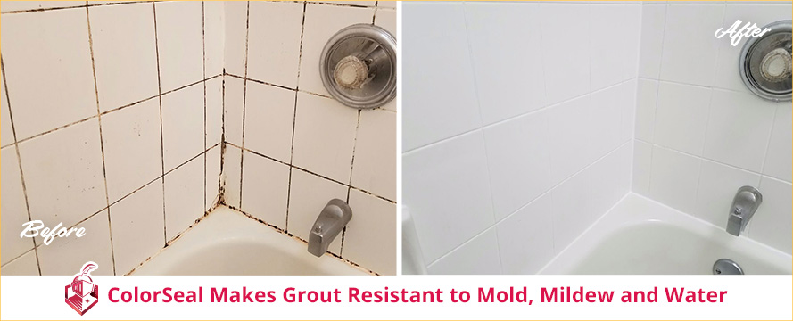 Before and After Showing Unsealed/Stained Grout and Then It's Sealed With Mold and Water-Resistant ColorSeal