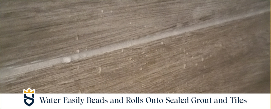 Close Up of Water Beads Resting on Tile and Grout Which Indicate It's Sealed