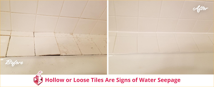 Before and After Showing Loose Shower Tile, a Sign of Water Seepage, and It Being Repaired