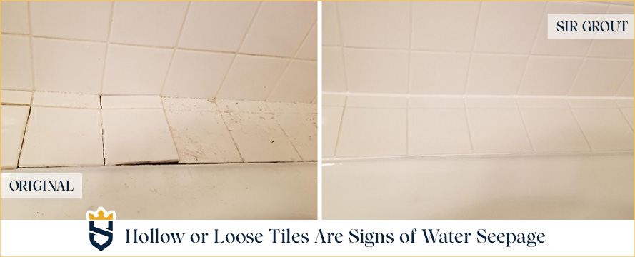 Before and After Showing Loose Shower Tile, a Sign of Water Seepage, and It Being Repaired