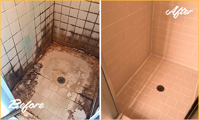 Two Before and Afters of Shower Floors and Walls Being Restored With New Tiles and Grout