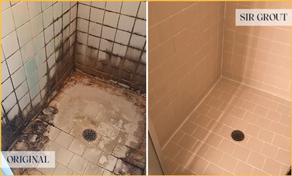 Two Before and Afters of Shower Floors and Walls Being Restored With New Tiles and Grout