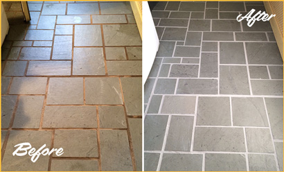 Slate Tiles Floor Before and After Cracked Grout Repair