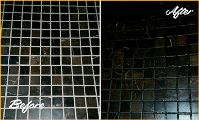 Before and After Picture of Grout Lines Recolored and Sealed to Match Black Tile's Color