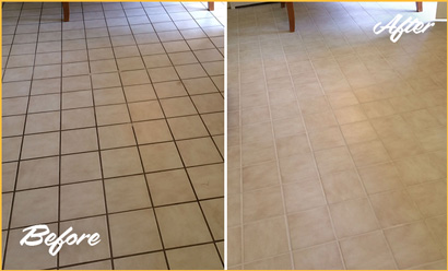 Before and After of a Dirty Kitchen Tile Floor Recolored and Sealed for Extra Protection