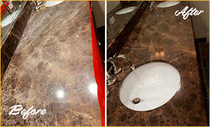 Before and After Picture of a Marble Stone Cleaning and Sealing on a Bathroom Counter