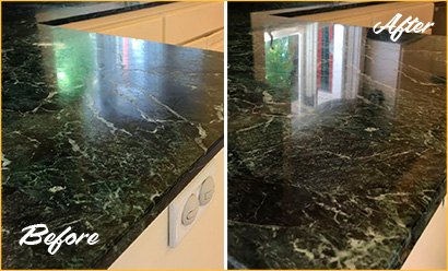 Before and After Picture of a Stone Cleaning and Sealing on a Kitchen Marble Counter