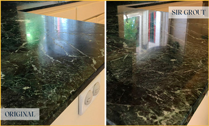 Before and After Picture of a Stone Cleaning and Sealing on a Kitchen Marble Counter