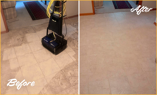 Before and After Picture of a Dirty Kitchen Floor Cleaned and Restored for Extra Protection