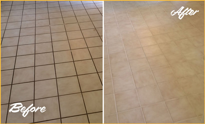 Before and After of a Dirty Kitchen Tile Floor Cleaned and Sealed for Extra Protection
