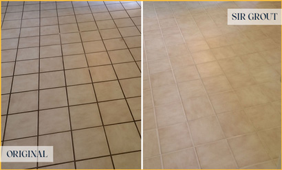 Before and After of a Dirty Kitchen Tile Floor Cleaned and Sealed for Extra Protection