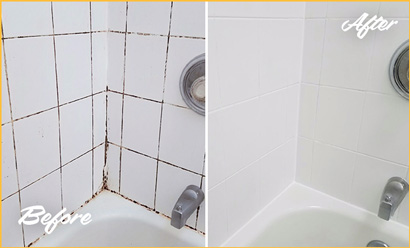  Before and After Picture of a Moldy Shower Cleaned and Sealed to Remove Mold andDirt