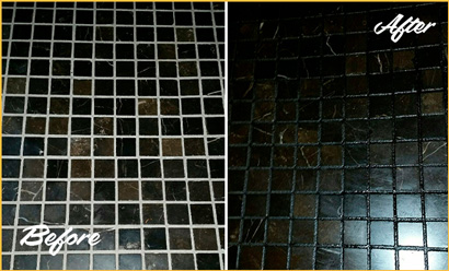 Picture of a Dark Tile Floor Before and After Grout Sealing and Recoloring